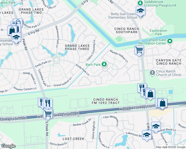 map of restaurants, bars, coffee shops, grocery stores, and more near 21203 Dover Park Lane in Katy