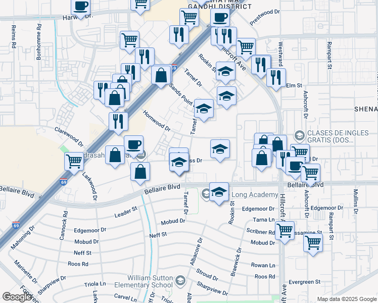 map of restaurants, bars, coffee shops, grocery stores, and more near 6718 De Moss Drive in Houston