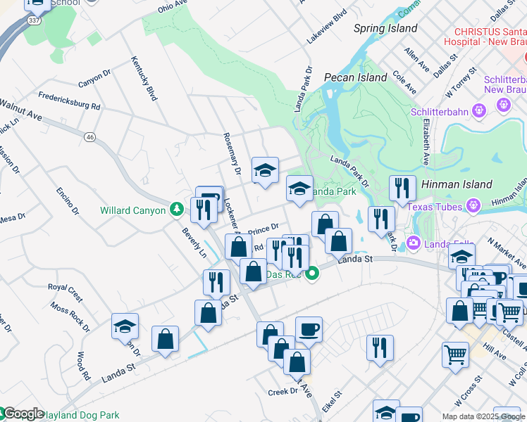 map of restaurants, bars, coffee shops, grocery stores, and more near Howard Street in New Braunfels