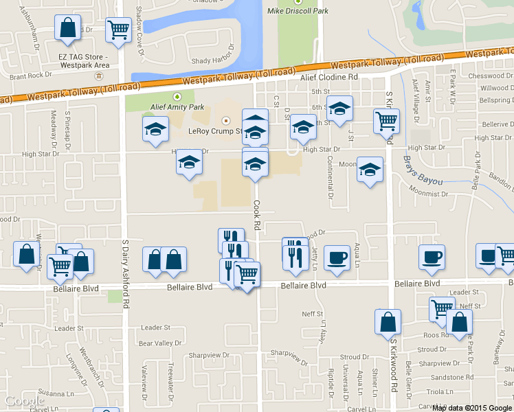 map of restaurants, bars, coffee shops, grocery stores, and more near 1185 Cook Road in Houston