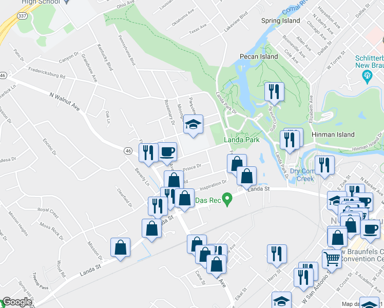 map of restaurants, bars, coffee shops, grocery stores, and more near 570 Howard Street in New Braunfels