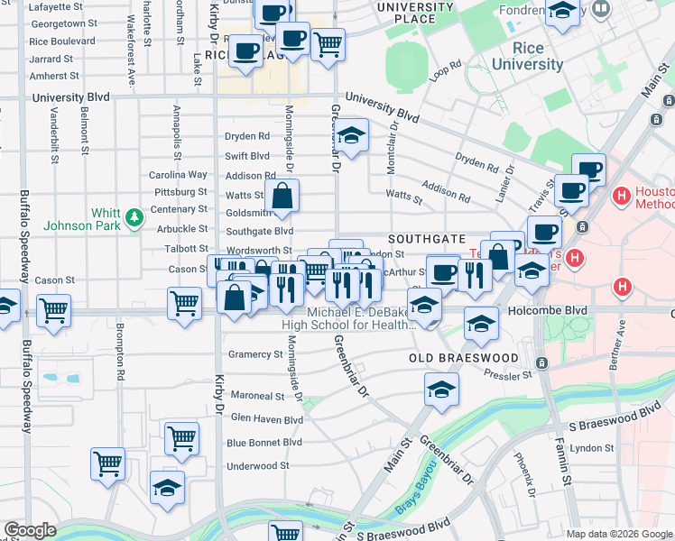 map of restaurants, bars, coffee shops, grocery stores, and more near Greenbriar Drive in Houston