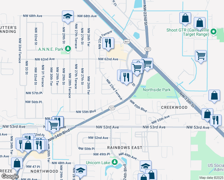 map of restaurants, bars, coffee shops, grocery stores, and more near 2401 Northwest 58th Avenue in Gainesville