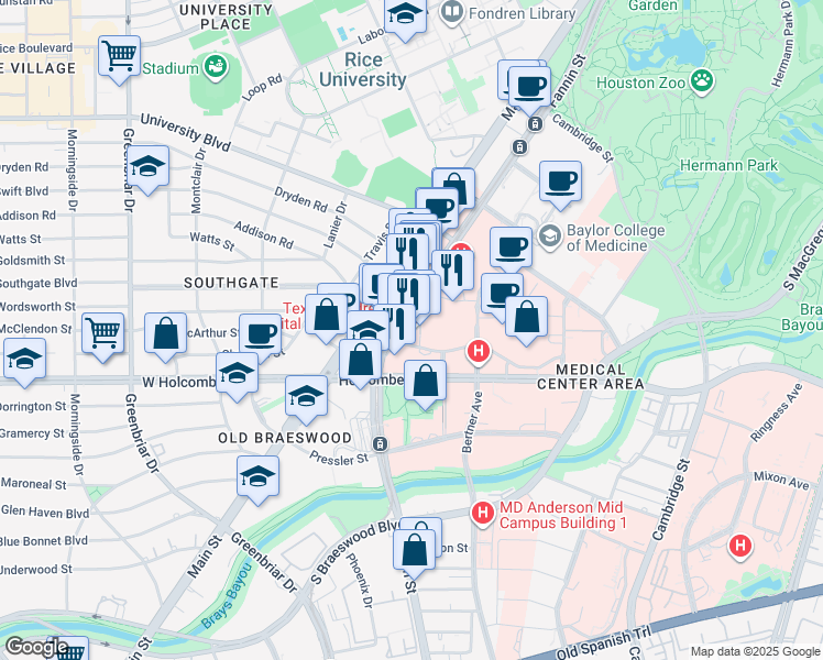 map of restaurants, bars, coffee shops, grocery stores, and more near 6621 Fannin Street in Houston