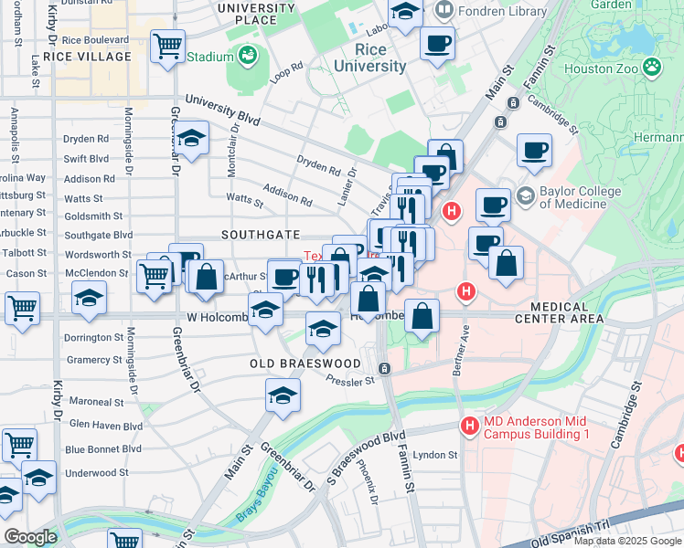 map of restaurants, bars, coffee shops, grocery stores, and more near 1850 Old Main Street in Houston
