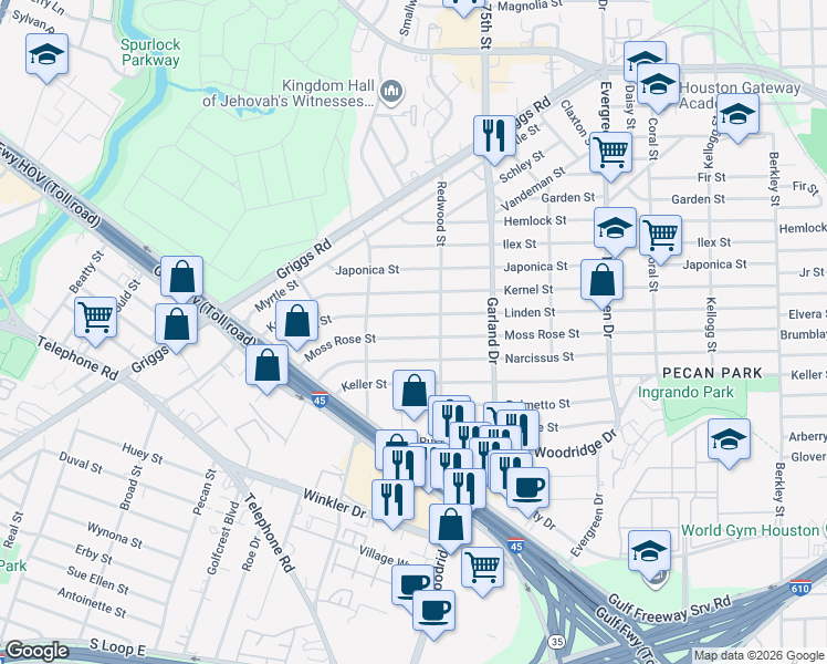 map of restaurants, bars, coffee shops, grocery stores, and more near 6802 Moss Rose Street in Houston