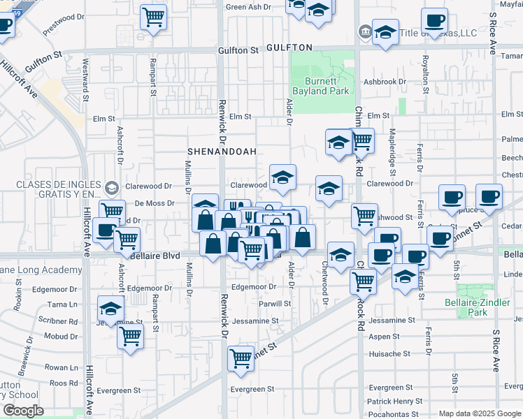 map of restaurants, bars, coffee shops, grocery stores, and more near 6655 Dashwood Drive in Houston