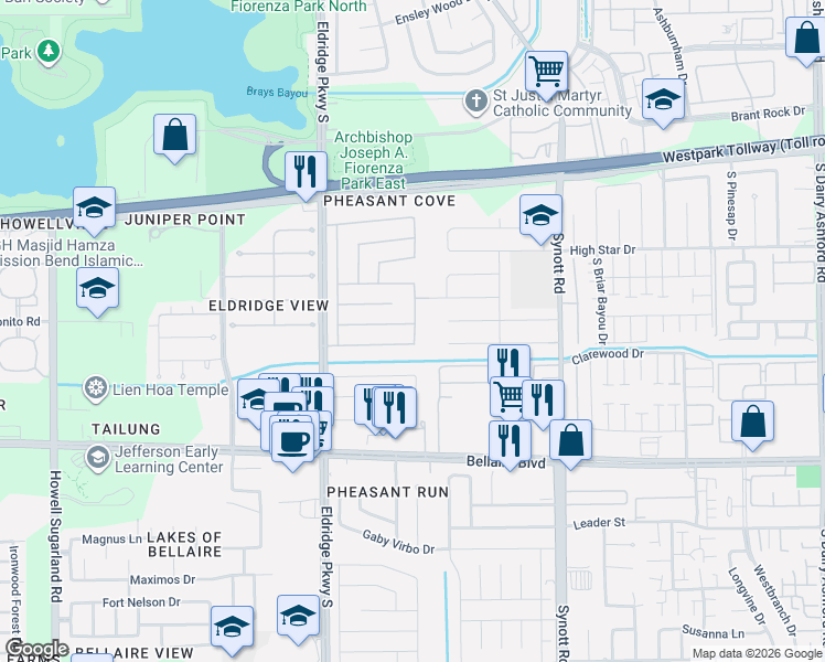 map of restaurants, bars, coffee shops, grocery stores, and more near 13410 Verbena Lane in Houston