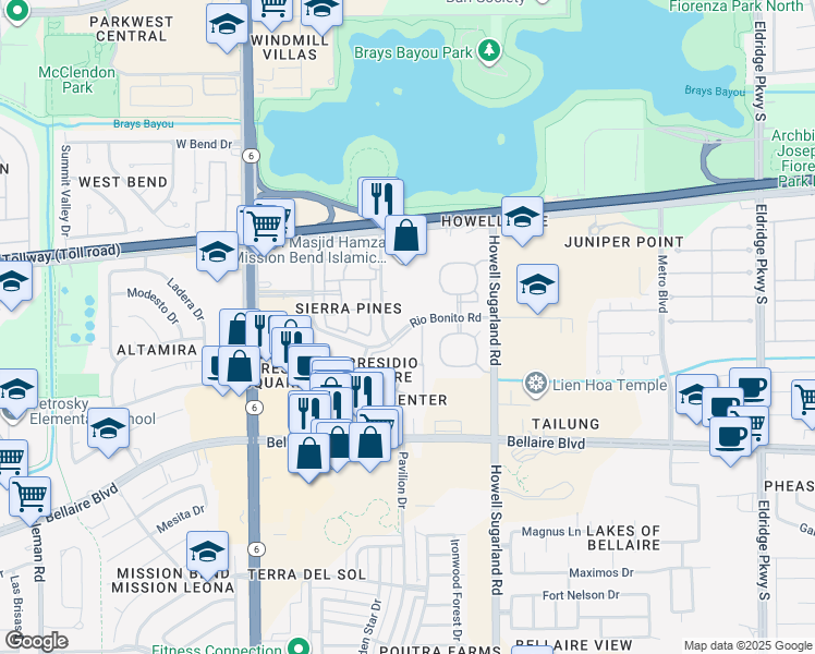 map of restaurants, bars, coffee shops, grocery stores, and more near Rio Bonito Road in Houston