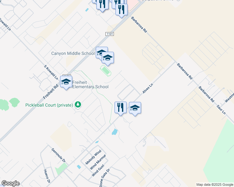 map of restaurants, bars, coffee shops, grocery stores, and more near 648 Creekside Circle in New Braunfels