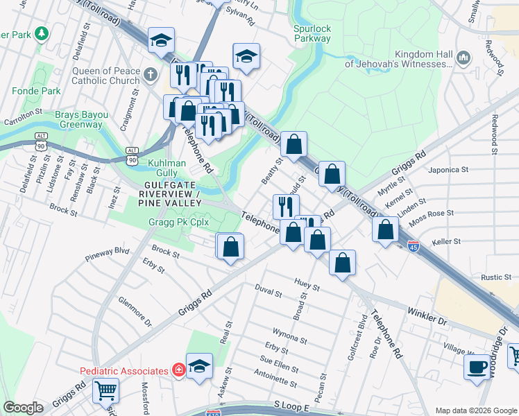 map of restaurants, bars, coffee shops, grocery stores, and more near 2718 Doney Street in Houston