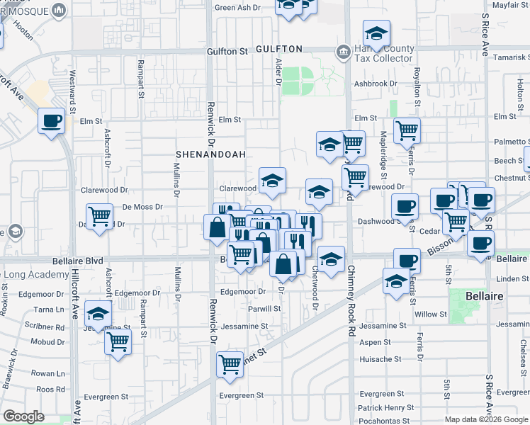 map of restaurants, bars, coffee shops, grocery stores, and more near 5705 Dashwood Drive in Houston