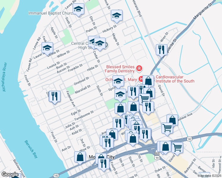 map of restaurants, bars, coffee shops, grocery stores, and more near Cedar Street in Morgan City