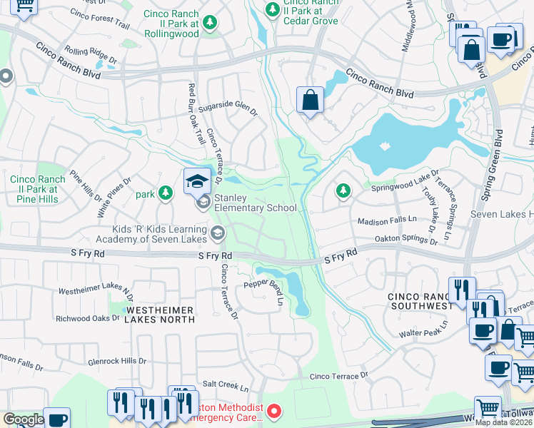 map of restaurants, bars, coffee shops, grocery stores, and more near 26002 Sebey Ridge Lane in Katy