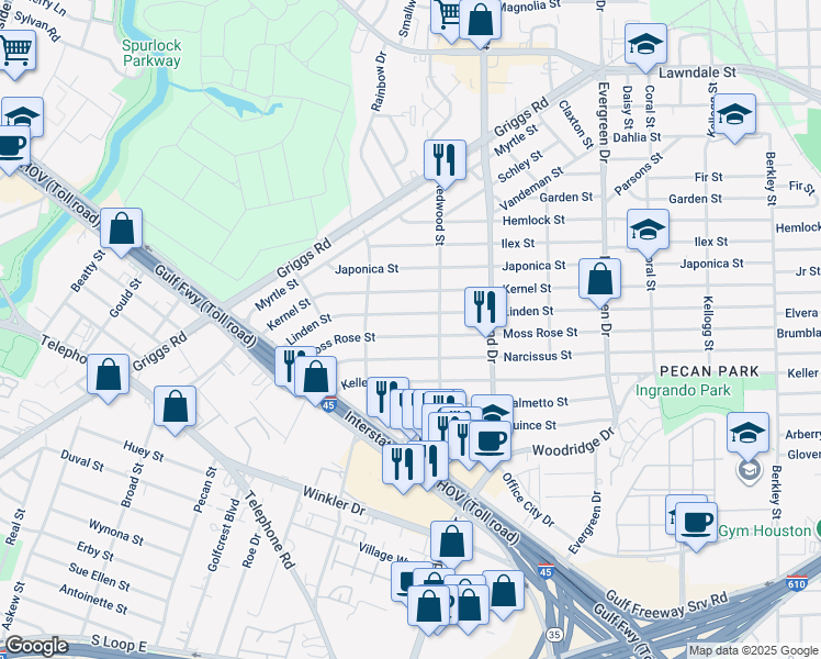 map of restaurants, bars, coffee shops, grocery stores, and more near 6802 Moss Rose Street in Houston