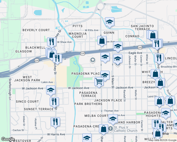 map of restaurants, bars, coffee shops, grocery stores, and more near 215 Olive Avenue in Pasadena