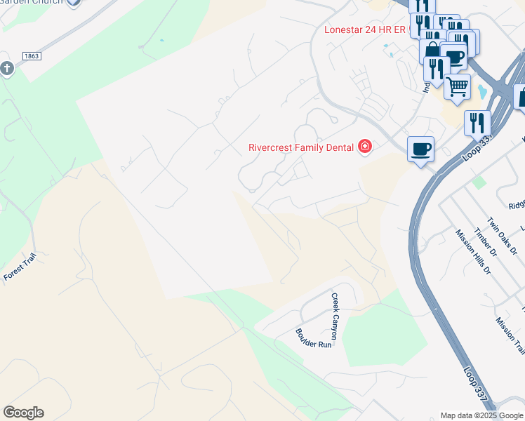 map of restaurants, bars, coffee shops, grocery stores, and more near 664 Mission Hill Run in New Braunfels
