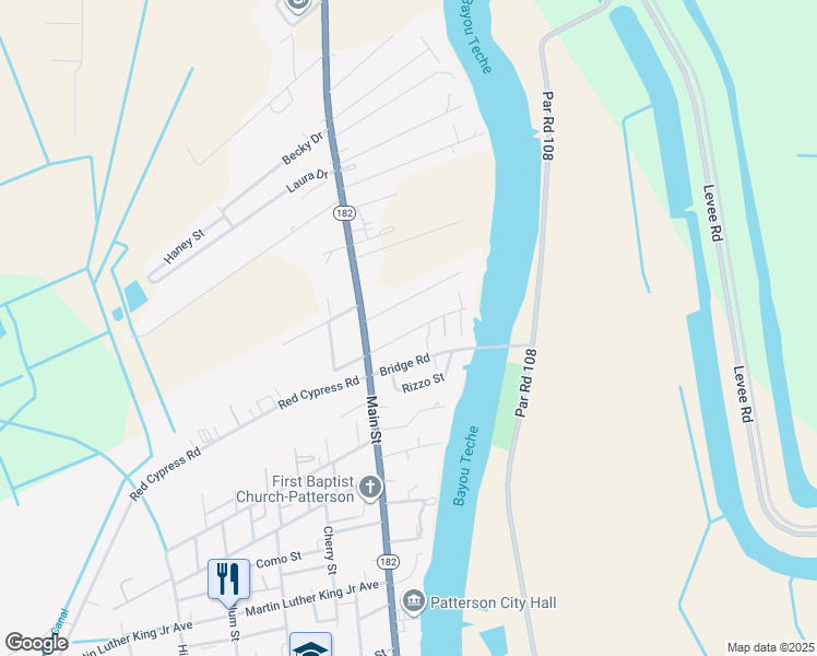 map of restaurants, bars, coffee shops, grocery stores, and more near 123 Mill Road in Patterson