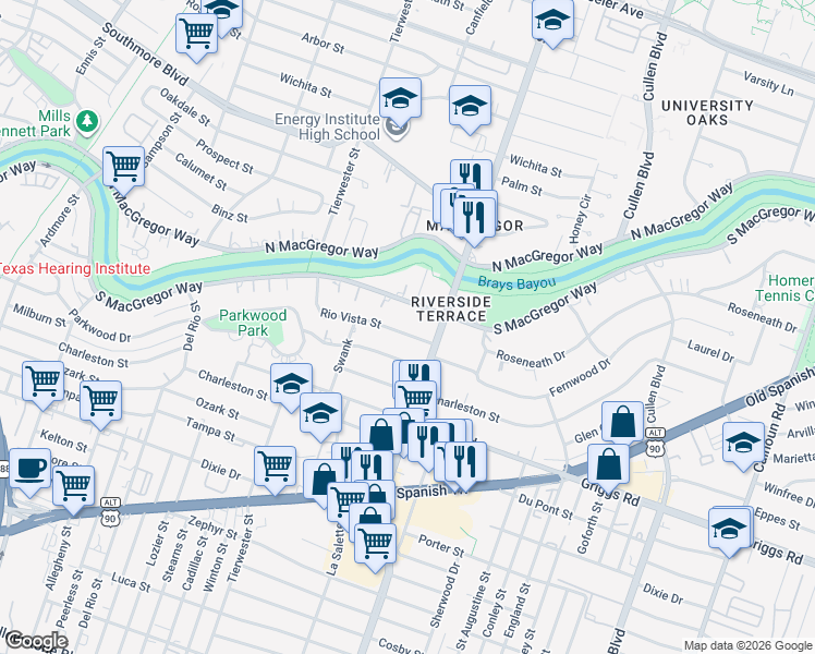 map of restaurants, bars, coffee shops, grocery stores, and more near 3756 Rio Vista Street in Houston
