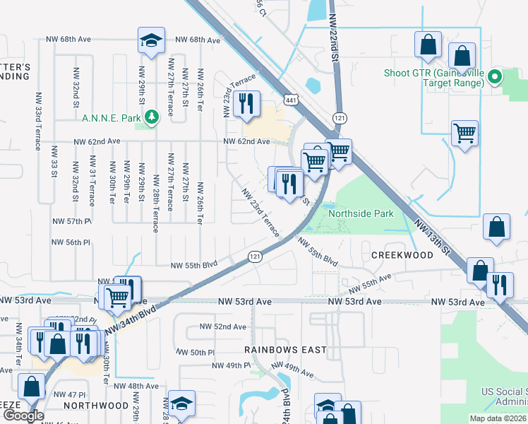 map of restaurants, bars, coffee shops, grocery stores, and more near 5801 Northwest 23rd Terrace in Gainesville