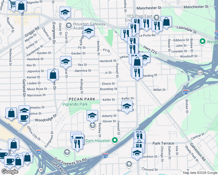 map of restaurants, bars, coffee shops, grocery stores, and more near 7816 Brumblay Street in Houston