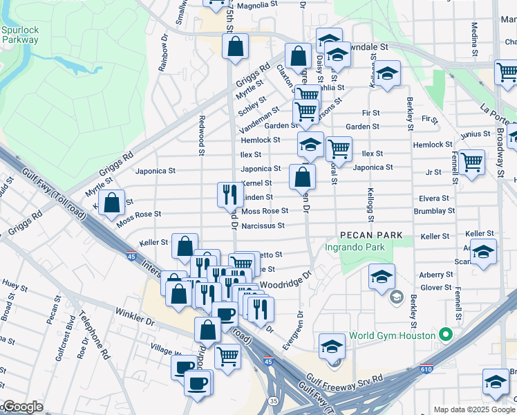 map of restaurants, bars, coffee shops, grocery stores, and more near 7028 Moss Rose Street in Houston