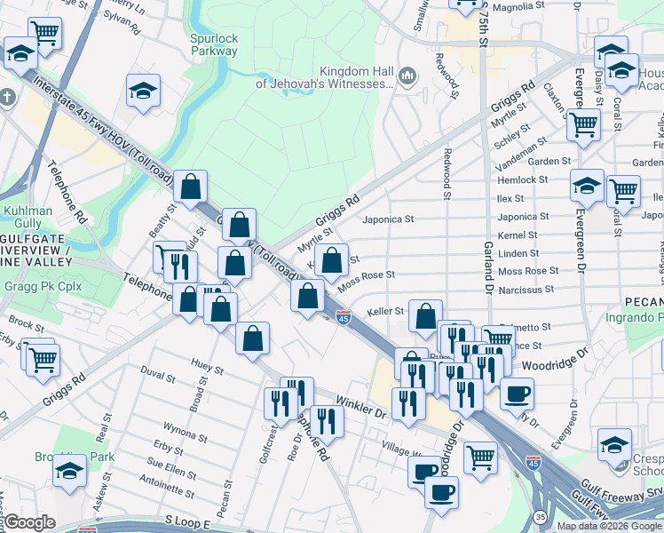 map of restaurants, bars, coffee shops, grocery stores, and more near 6414 Linden Street in Houston