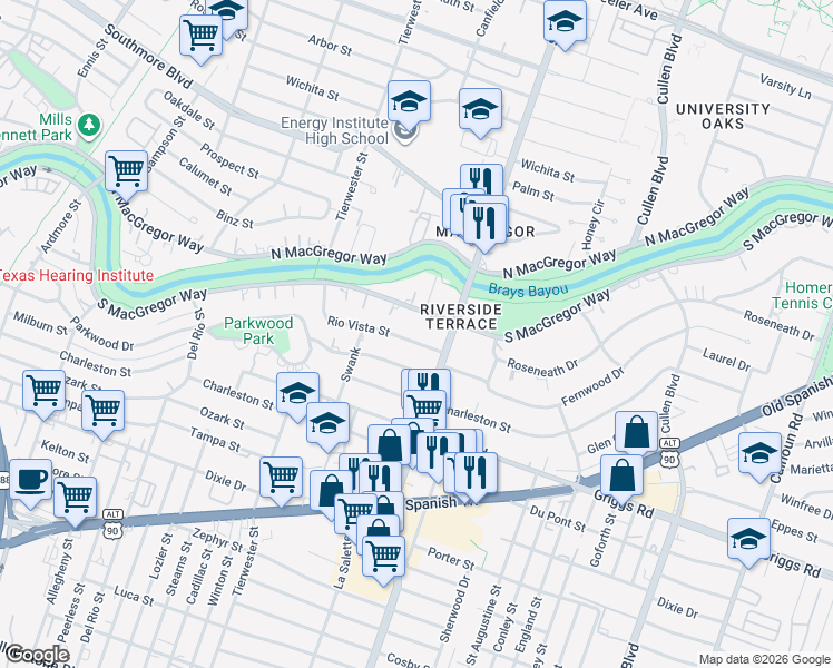 map of restaurants, bars, coffee shops, grocery stores, and more near 3756 Rio Vista Street in Houston