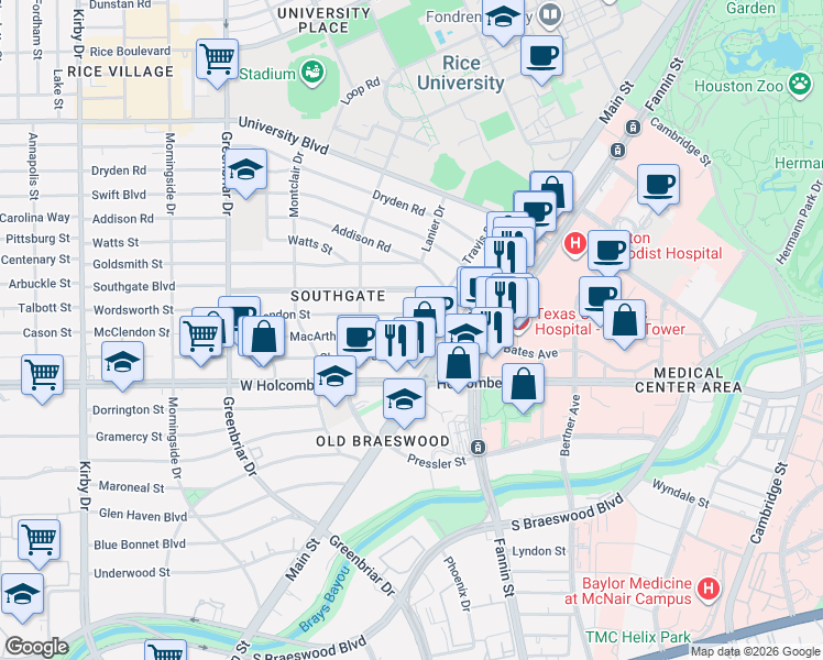 map of restaurants, bars, coffee shops, grocery stores, and more near 2019 Sheridan Street in Houston