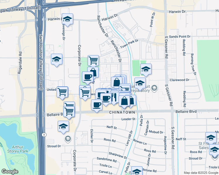 map of restaurants, bars, coffee shops, grocery stores, and more near 9229 Clarewood Drive in Houston