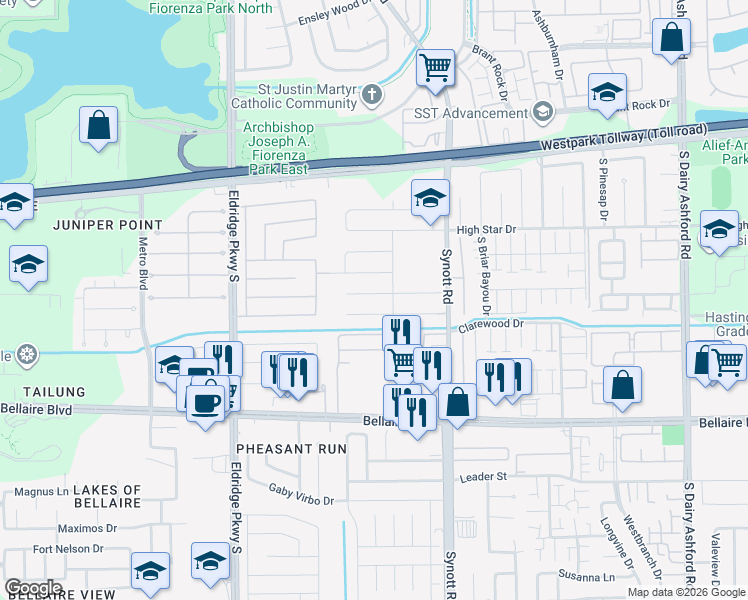 map of restaurants, bars, coffee shops, grocery stores, and more near 13306 Verbena Lane in Houston