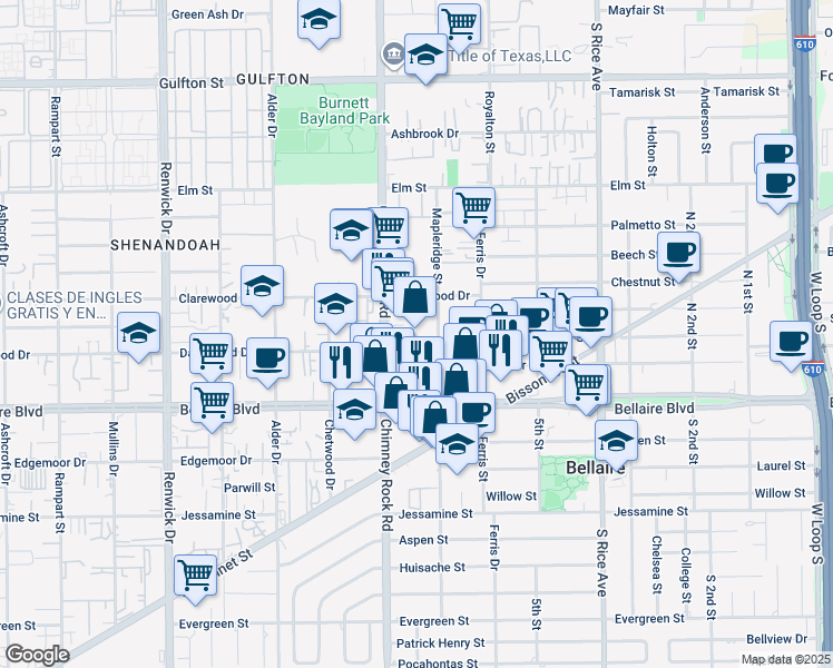 map of restaurants, bars, coffee shops, grocery stores, and more near 5424-5448 Dashwood Street in Bellaire