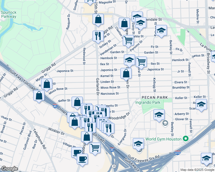 map of restaurants, bars, coffee shops, grocery stores, and more near 7028 Moss Rose Street in Houston