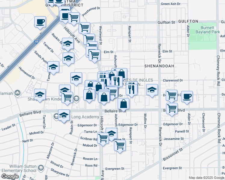map of restaurants, bars, coffee shops, grocery stores, and more near 6206 Dashwood Drive in Houston