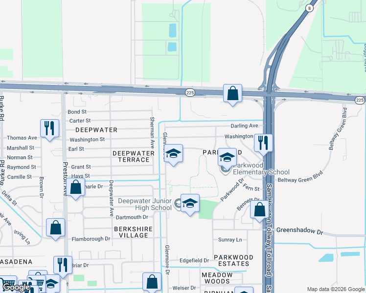 map of restaurants, bars, coffee shops, grocery stores, and more near 305 Glenmore Drive in Pasadena