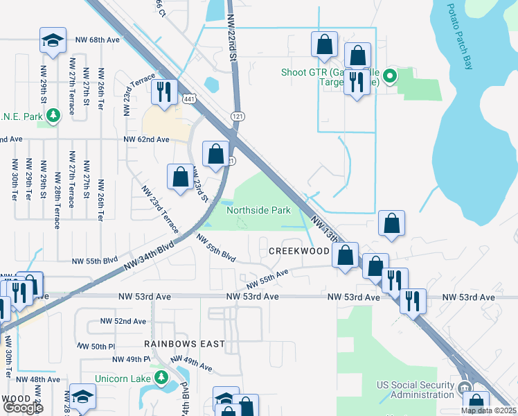 map of restaurants, bars, coffee shops, grocery stores, and more near 5701 Northwest 34th Boulevard in Gainesville