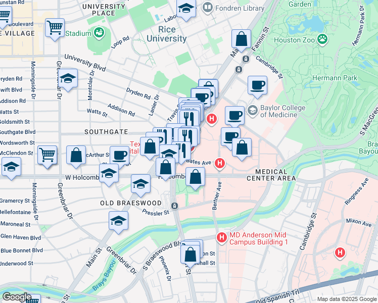 map of restaurants, bars, coffee shops, grocery stores, and more near 6621 Fannin Street in Houston