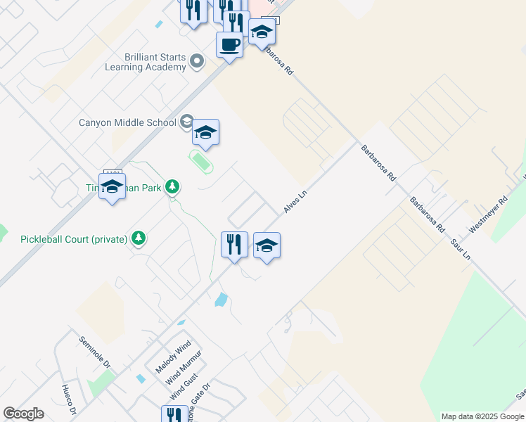 map of restaurants, bars, coffee shops, grocery stores, and more near 514 Creekside Circle in New Braunfels
