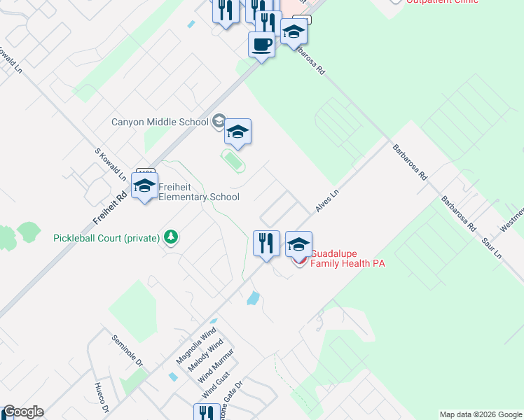 map of restaurants, bars, coffee shops, grocery stores, and more near 570 Creekside Circle in New Braunfels