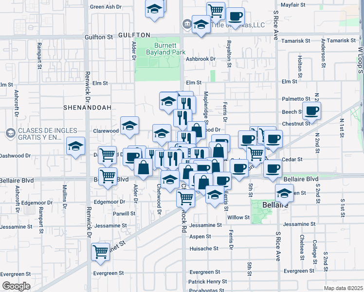 map of restaurants, bars, coffee shops, grocery stores, and more near 6666 Chimney Rock Road in Houston