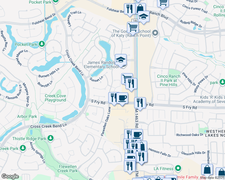 map of restaurants, bars, coffee shops, grocery stores, and more near 5506 Little Creek Court in Fulshear