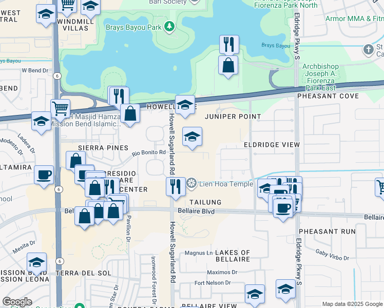 map of restaurants, bars, coffee shops, grocery stores, and more near 13939 Rio Bonito Road in Houston