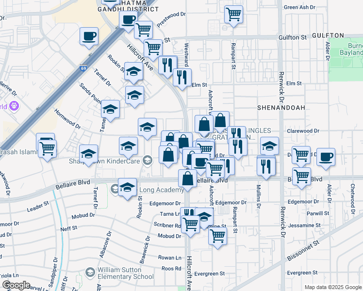map of restaurants, bars, coffee shops, grocery stores, and more near 6600 Hillcroft Avenue in Houston