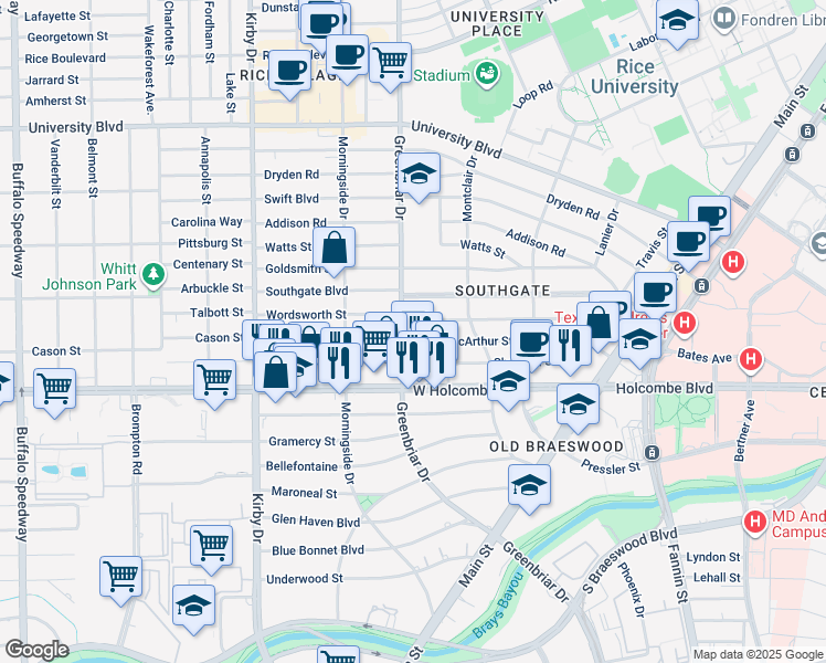map of restaurants, bars, coffee shops, grocery stores, and more near 6804 Bellgreen Drive in Houston