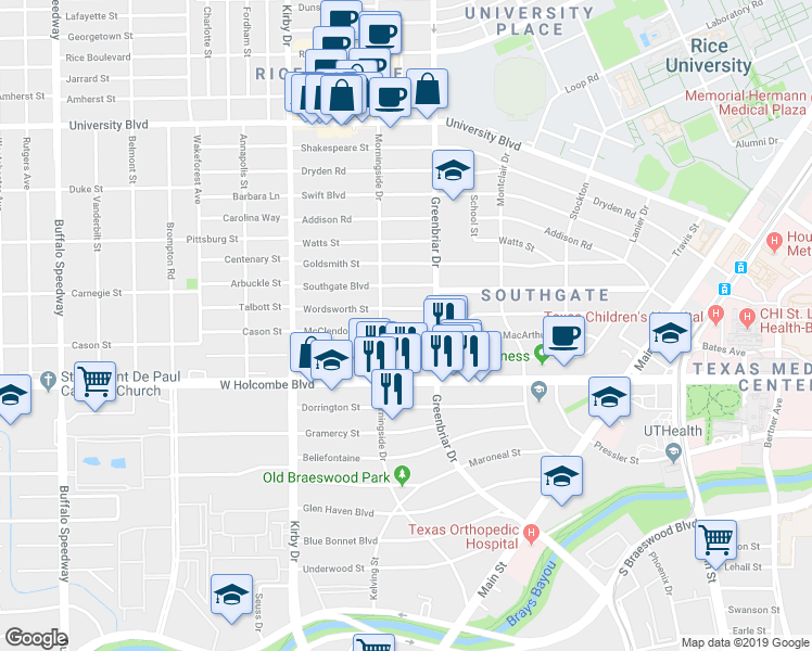 map of restaurants, bars, coffee shops, grocery stores, and more near 2319 McClendon Street in Houston