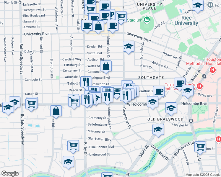 map of restaurants, bars, coffee shops, grocery stores, and more near 6704 Morningside Drive in Houston