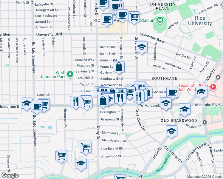 map of restaurants, bars, coffee shops, grocery stores, and more near 6607 Kelvin Drive in Houston