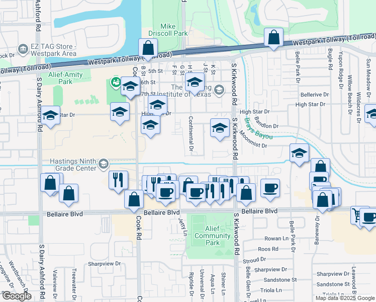 map of restaurants, bars, coffee shops, grocery stores, and more near 12033 Clarewood Drive in Houston