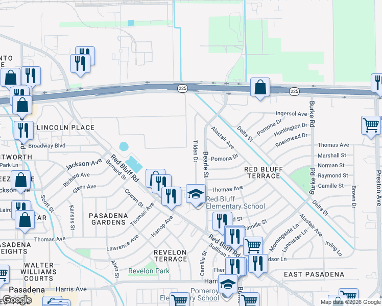 map of restaurants, bars, coffee shops, grocery stores, and more near 302 Tilden Drive in Pasadena