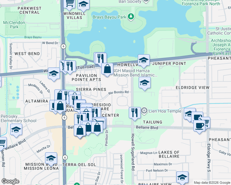 map of restaurants, bars, coffee shops, grocery stores, and more near 14101 Rio Bonito Road in Houston